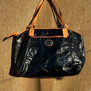Coach black and tan leather Peyton Embossed Patent Leather Shoulder Tote Bag